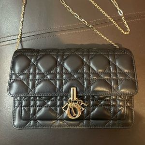 Christian Dior Lady Chain Pouch Black Cannage Lambskin Purse